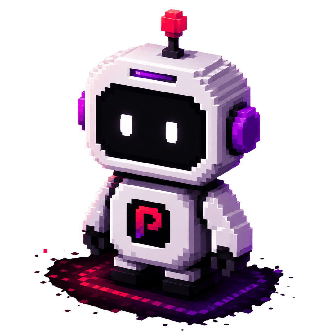 Mascote da PixelOps, um robô em arte pixel